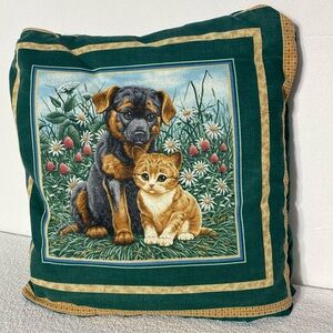 Vintage Handmade Green Blanket That Folds Into A Decorative Pillow W Dog & Cat